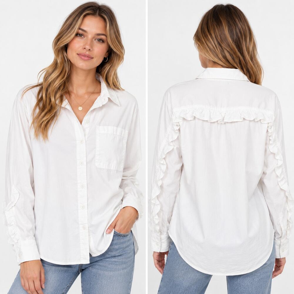 Parker Ruffle Button Down Shirt Womens S White Cotton Long Sleeve Blouse Boho